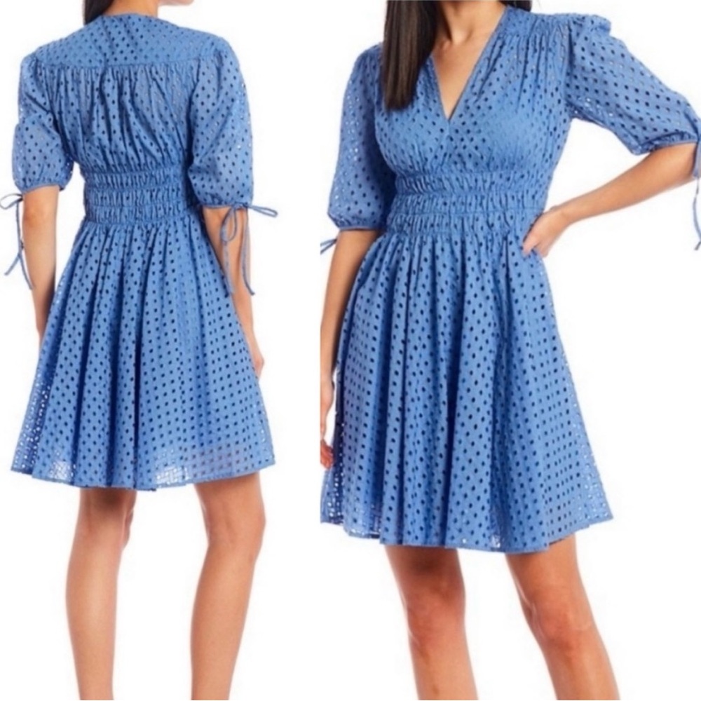 Taylor Blue Eyelet Dress Featuring V-Neck Smocked Waist and Tie-Sleeve Details